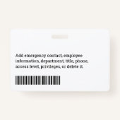 Bedrijfsmedewerkersnaam, titel, streepjescode, Log Badge (Achterkant)