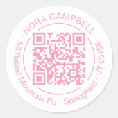 Bedrijfsnaam Adres Cirkel Lijst QR Code Roze Ronde Sticker (Voorkant)