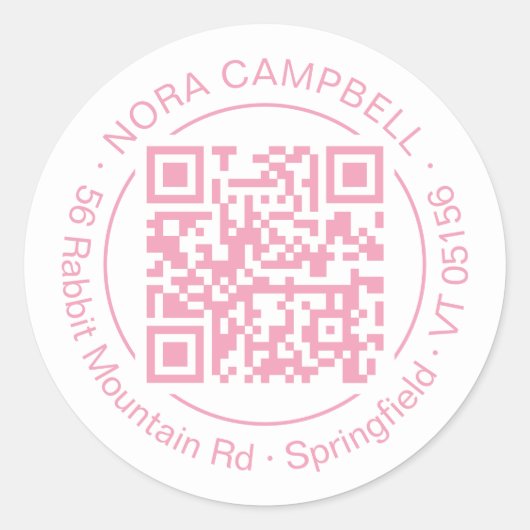 Bedrijfsnaam Adres Cirkel Lijst QR Code Roze Ronde Sticker (Voorkant)