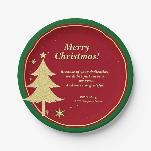 Bedrijfsnaam Bericht Rood, Goud Kerstboom 7" Papieren Bordje (Voorkant)