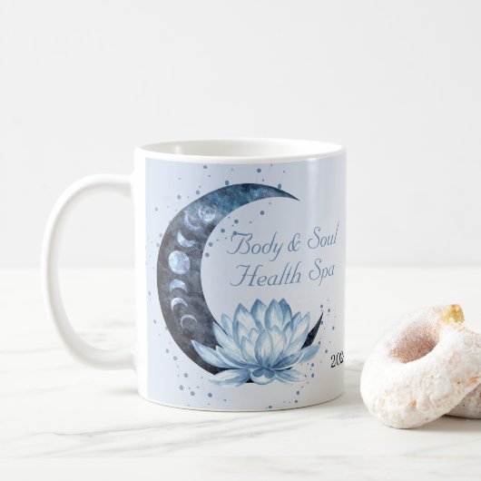 Bedrijfsnaam blauwe Lotus Flower Moon Koffiemok (Met donut)