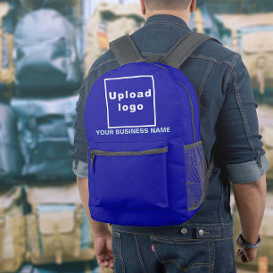Bedrijfsnaam en logo op blauwe rugzak