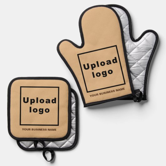 Bedrijfsnaam en Logo op Light Brown Ovenwant & Pannenlap Set (Voorkant / Achterkant)