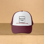 Bedrijfsnaam en Logo op Maroon en Wit Trucker Pet<br><div class="desc">Trucker dat u kunt aanpassen om uw bedrijfsnaam te zetten. Je kunt het als weggegeven object of cadeau aan je klanten geven. Je kunt het ook opnemen in je marketingmaterialen om reclame te maken voor je bedrijf of in je promotionele producten om je merknaam te promoten. Trucker dat met uw...</div>