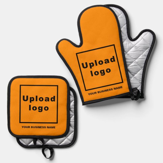 Bedrijfsnaam en Logo op Oranje kleur Ovenwant & Pannenlap Set (Voorkant / Achterkant)