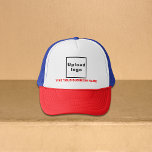 Bedrijfsnaam en Logo op rood, wit en blauw Trucker Pet<br><div class="desc">Trucker dat u kunt aanpassen om uw bedrijfsnaam te zetten. Je kunt het als weggegeven object of cadeau aan je klanten geven. Je kunt het ook opnemen in je marketingmaterialen om reclame te maken voor je bedrijf of in je promotionele producten om je merknaam te promoten. Trucker dat met uw...</div>