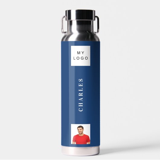Bedrijfsnaam foto marineblauw waterfles (Voorkant)