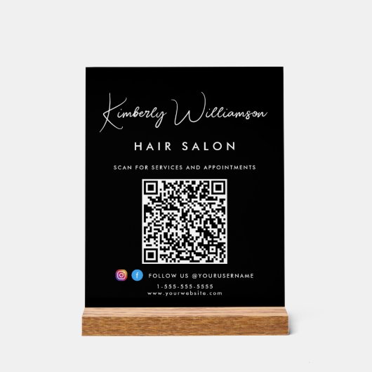 Bedrijfsnaam Handtekening Script QR Code Zwart Acryl Bord (Voorkant)