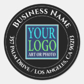 Bedrijfsnaam, Logo, adres, witte tekst op zwart Ronde Sticker (Voorkant)