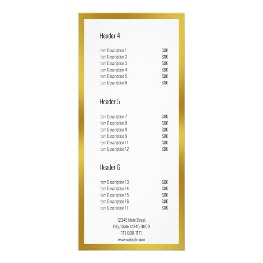 Bedrijfsnaam Wit en Faux Gold prijslijst Reclamekaart (Achterkant)