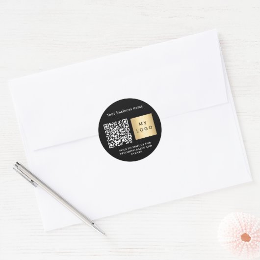 Bedrijfsnaam zwart wit logo qr code ronde sticker (Envelop)