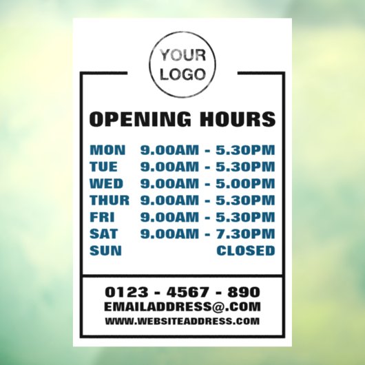 Bedrijfsopeningstijden, informatie en logo raamsticker (Vel 3)