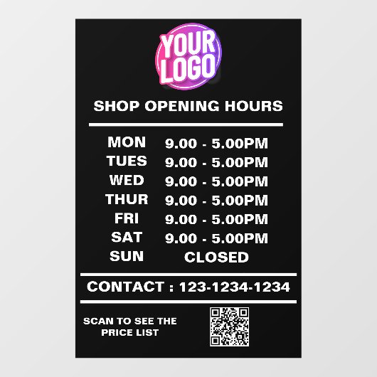 Bedrijfsopeningstijden met logo en QR-code Raamsticker (Vel)