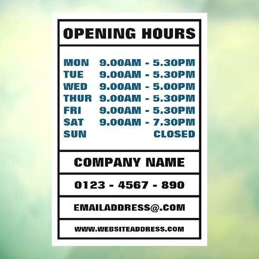Bedrijfsopeningsuren en informatie raamsticker (Vel 3)