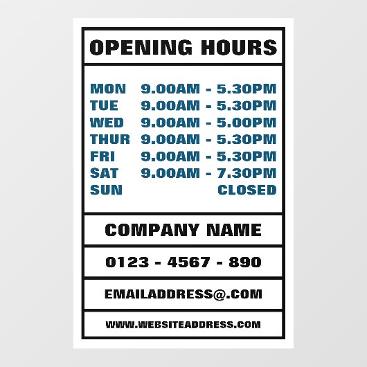Bedrijfsopeningsuren en informatie raamsticker (Vel)