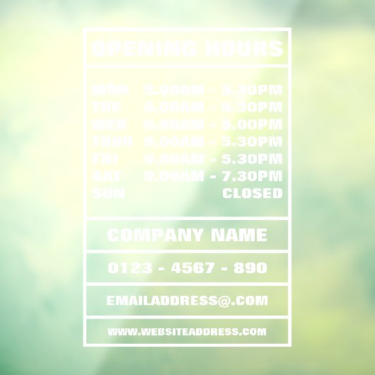 Bedrijfsopeningsuren en informatie raamsticker (Vel 3)