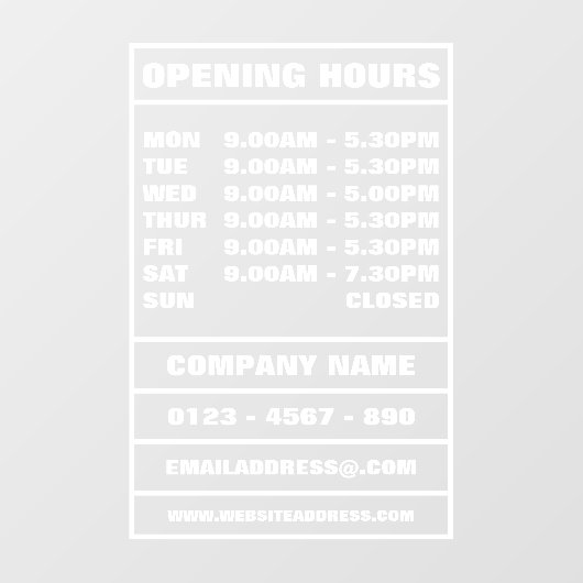 Bedrijfsopeningsuren en informatie raamsticker (Vel)