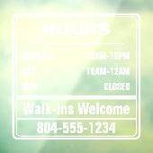 Bedrijfsuren Openingstijden Loop In Telefoonnummer Raamsticker (Vel 3)