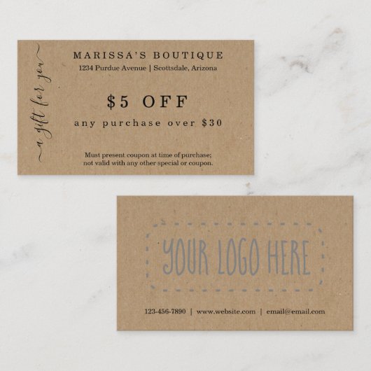 Bedrijfswaardebon Kaart op Kraft Paper Visitekaartje (Voorkant / Achterkant)