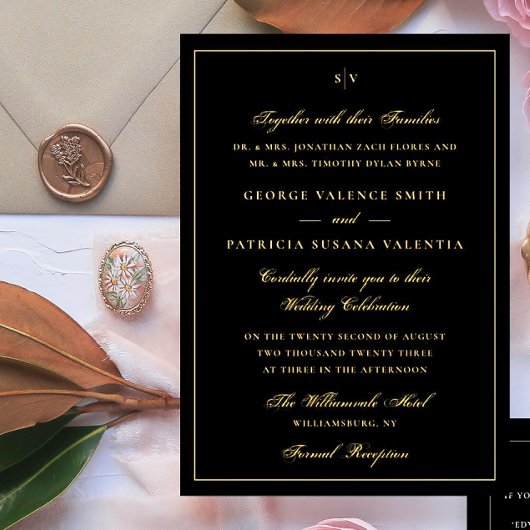 Bedrokken Elegant Monogram Tuxedo Black Wedding Folie Uitnodiging