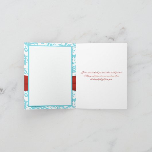 BEDRUKT LINT Aqua Wit Rood Damask Dank u Bedankkaart (Binnen)