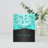 BEDRUKT LINT Aqua, zwart Floral II RSVP-kaart RSVP Kaartje (Staand voorkant)