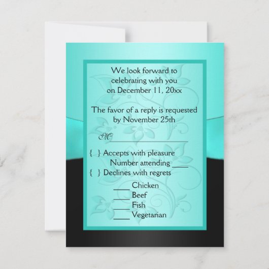 BEDRUKT LINT Aqua, zwart Floral II RSVP-kaart RSVP Kaartje (Achterkant)