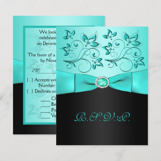 BEDRUKT LINT Aqua, zwart Floral II RSVP-kaart RSVP Kaartje (Voorkant / Achterkant)