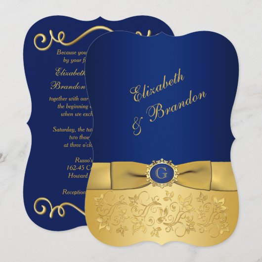 BEDRUKT LINT Blauw, Goud Bloemen Bruiloft Uitnodig Kaart (Voorkant / Achterkant)