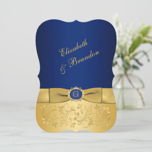 BEDRUKT LINT Blauw, Goud Bloemen Bruiloft Uitnodig Kaart (Staand voorkant)