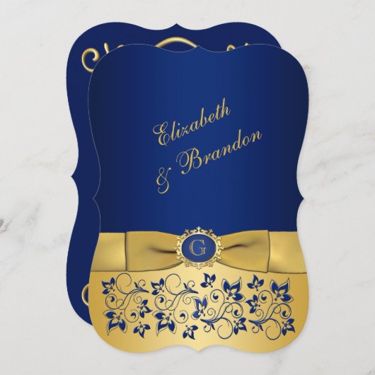 BEDRUKT LINT blauw, goud bloemenbruiloft uitnodige Kaart (Voorkant / Achterkant)