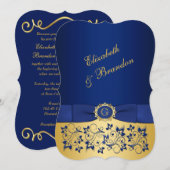 BEDRUKT LINT blauw, goud bloemenbruiloft uitnodige Kaart (Voorkant / Achterkant)