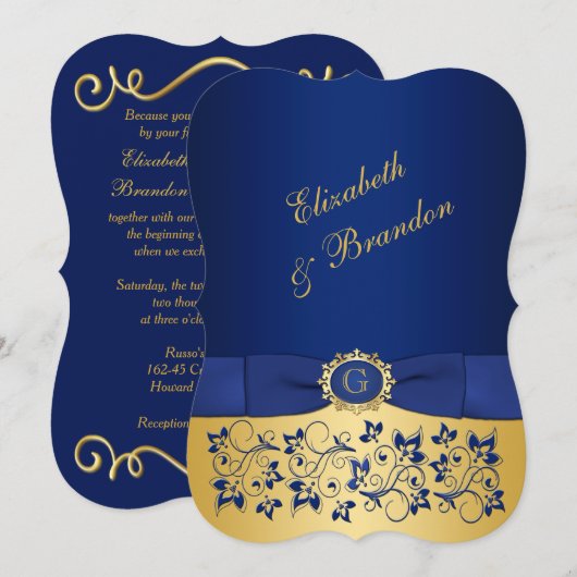 BEDRUKT LINT blauw, goud bloemenbruiloft uitnodige Kaart (Voorkant / Achterkant)