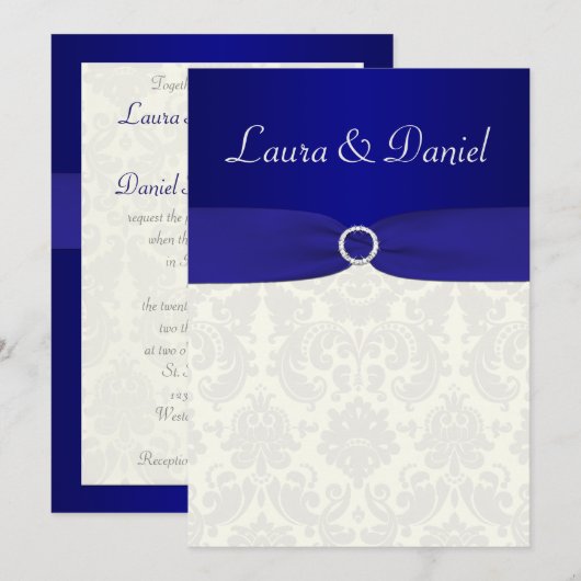 BEDRUKT LINT blauw, Ivoor Damast bruiloft uitnodig Kaart (Voorkant / Achterkant)