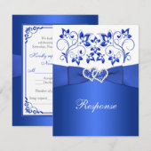 BEDRUKT LINT blauw, wit bloemen, harten RSVP (Voorkant / Achterkant)