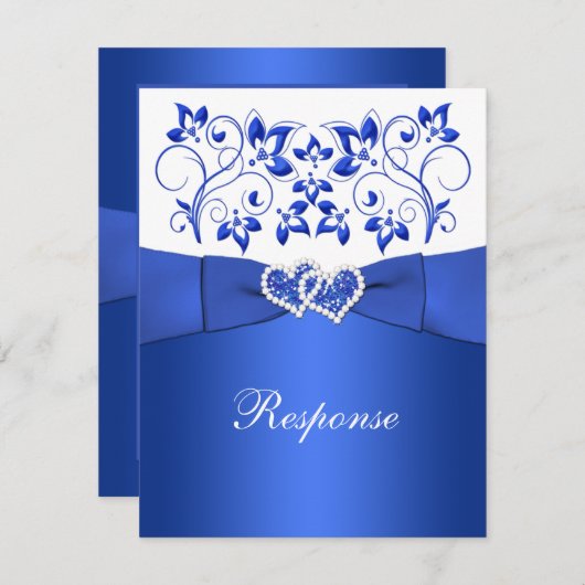 BEDRUKT LINT blauw, wit bloemen, harten RSVP (Voorkant / Achterkant)