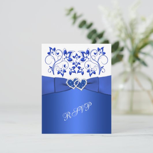 BEDRUKT LINT blauw, wit bloemen, harten RSVP (Staand voorkant)