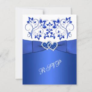 BEDRUKT LINT blauw, wit bloemen, harten RSVP Kaartje