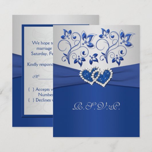 BEDRUKT LINT blauw zilver aangesloten harten RSVP- RSVP Kaartje (Voorkant / Achterkant)