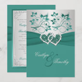 BEDRUKT LINT Blauwgroen Zilver Gevoegde Harten uit Kaart (Voorkant / Achterkant)