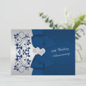BEDRUKT LINT Navy Silver Floral 25e Jubileum Kaart (Staand voorkant)