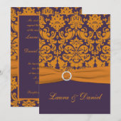 BEDRUKT LINT Paarse Oranje Damask Bruiloft Uitnodi Kaart (Voorkant / Achterkant)