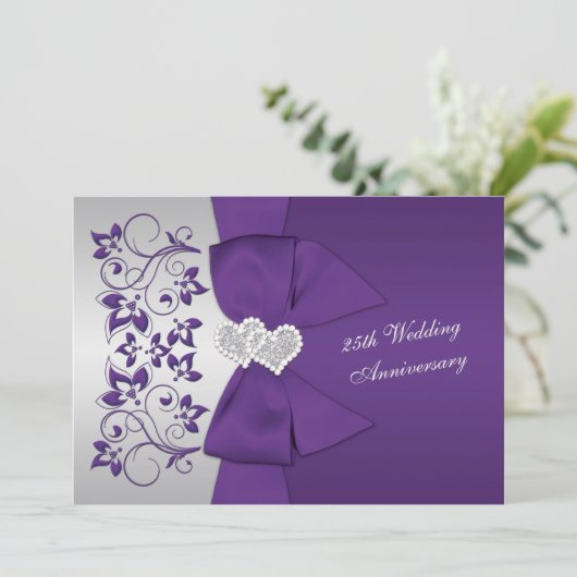 BEDRUKT LINT Paarse, zilveren 25e Jubileum Kaart (Staand voorkant)