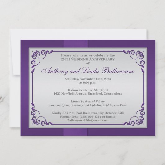 BEDRUKT LINT Paarse, zilveren 25e Jubileum Kaart (Achterkant)