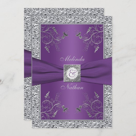 BEDRUKT LINT Paarse Zilveren Bruiloft Uitnodiging (Voorkant / Achterkant)