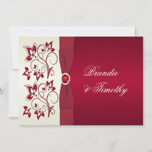 BEDRUKT LINT Rood, Ivoor Bloemen Bruiloft Invit Kaart (Voorkant)