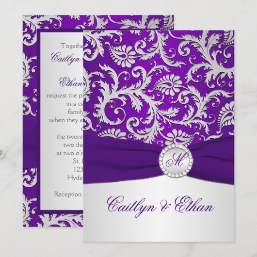 BEDRUKT LINT Royal Paarse en Silver Damask Kaart (Voorkant / Achterkant)