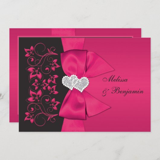 BEDRUKT LINT roze, zwart bloemenbruiloft uitnodige Kaart (Voorkant / Achterkant)