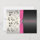 BEDRUKT LINT Roze Zwart Zilver Bloemen RSVP Card (Voorkant)