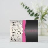 BEDRUKT LINT Roze Zwart Zilver Bloemen RSVP Card (Staand voorkant)